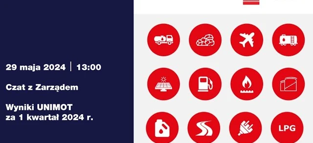 Czerwony zrzut ekranu projektu graficznego rozmowy AVIA UNIMOT z zarządem omawiającej wyniki pierwszego kwartału 2024 roku.