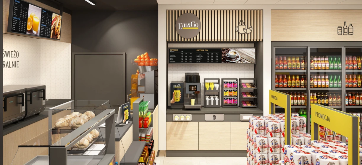 Projekt półek, na których prezentowane są świeże artykuły spożywcze, przekąski ze sklepów convenience oraz promocyjne produkty kawy i herbaty w supermarkecie. Słowa kluczowe: ANNEES, ŚWIEŻO, RALNIE, Fat&Go, COFFEE & TEA.