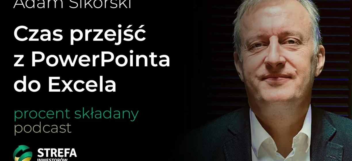 Przedstawiono biurowca w eleganckim ubraniu, zidentyfikowanego jako Adam Sikorski, prezentującego się w środowisku biznesowym. Tekst w języku polskim w tle.