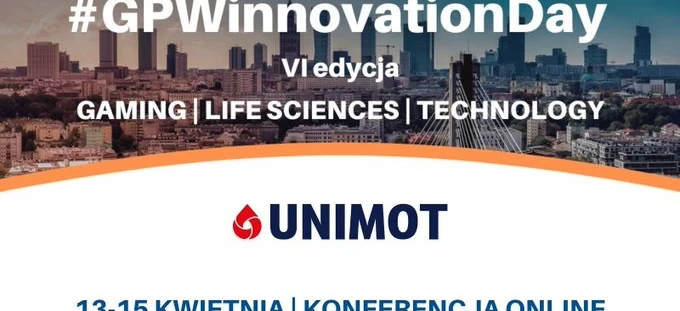 Logo dla VI edycji Dnia Innowacji GPW obejmujący Gaming, Life Sciences, Technology oraz UNIMOT. Konferencja odbywa się online od 13 do 15 kwietnia. #GPWinnovationDay.