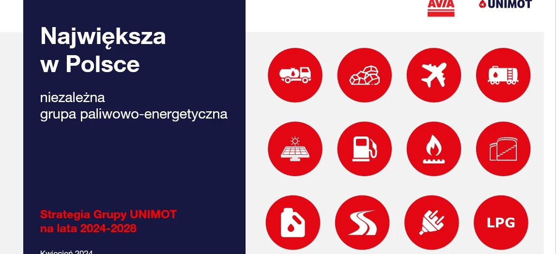 Screenshot of graphic design showing the strategy of UNIMOT, the largest independent fuel and energy group in Poland for 2024-2028. Red and bold text reads "Największa w Polsce niezależna grupa paliwowo-energetyczna."