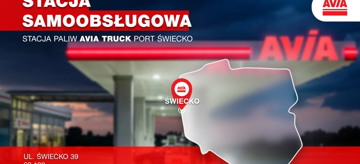 Self-service fuel station advertising Avia Truck Port in Świecko, Lubusz Voivodeship. Commercial vehicles filling up on the highway.