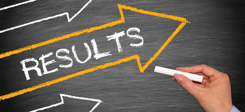 A desk cluttered with office supplies with a paper showing the word RESULTS, symbolizing productivity and success.