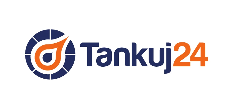 "Tankuj24 logo on advertising sign. Polish language branding for online platform. Tankuj24 stands out against a blue background."