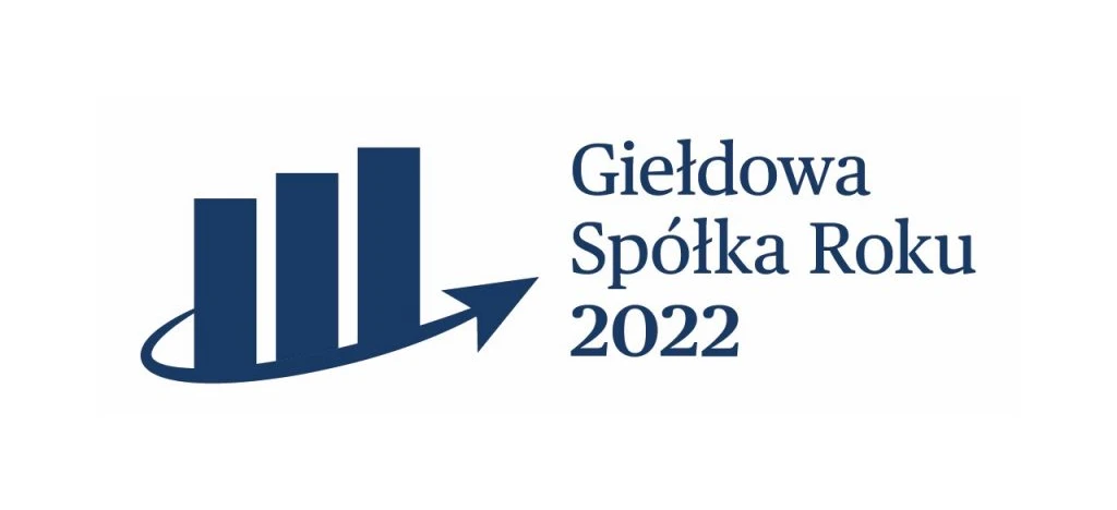 Projekt graficzny z nowoczesną czcionką i intensywnymi kolorami dla nagrody Giełdowa Spółka Roku 2022.