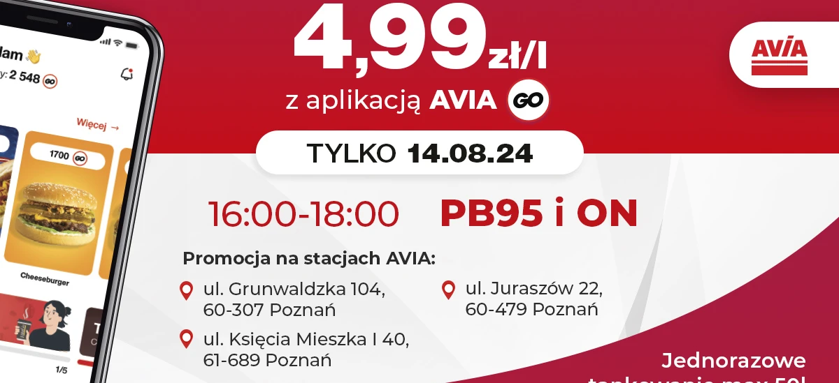 Promocja na stacjach AVIA: Cheeseburger za 4,99zł z aplikacją AVIA GO. Oferta ograniczona w czasie tylko 14.08.24 od godz. 16:00 do 18:00.