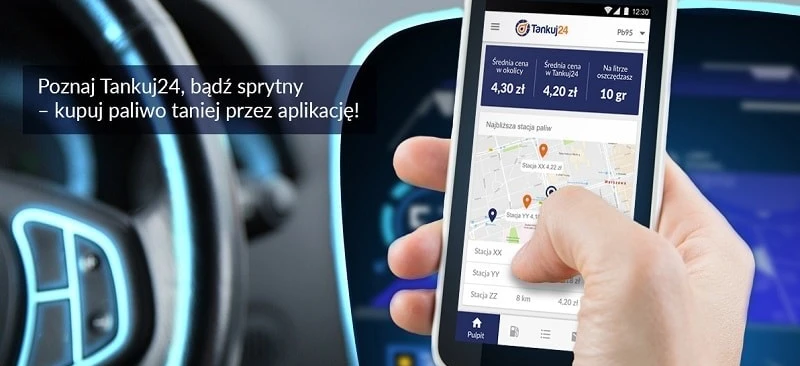 Image alt text: Electronic device displaying information about fuel prices and nearby gas stations, promoting the Tankuj24 app for smarter fuel purchasing. Save money with Pb95 at 4.20 zł per liter.