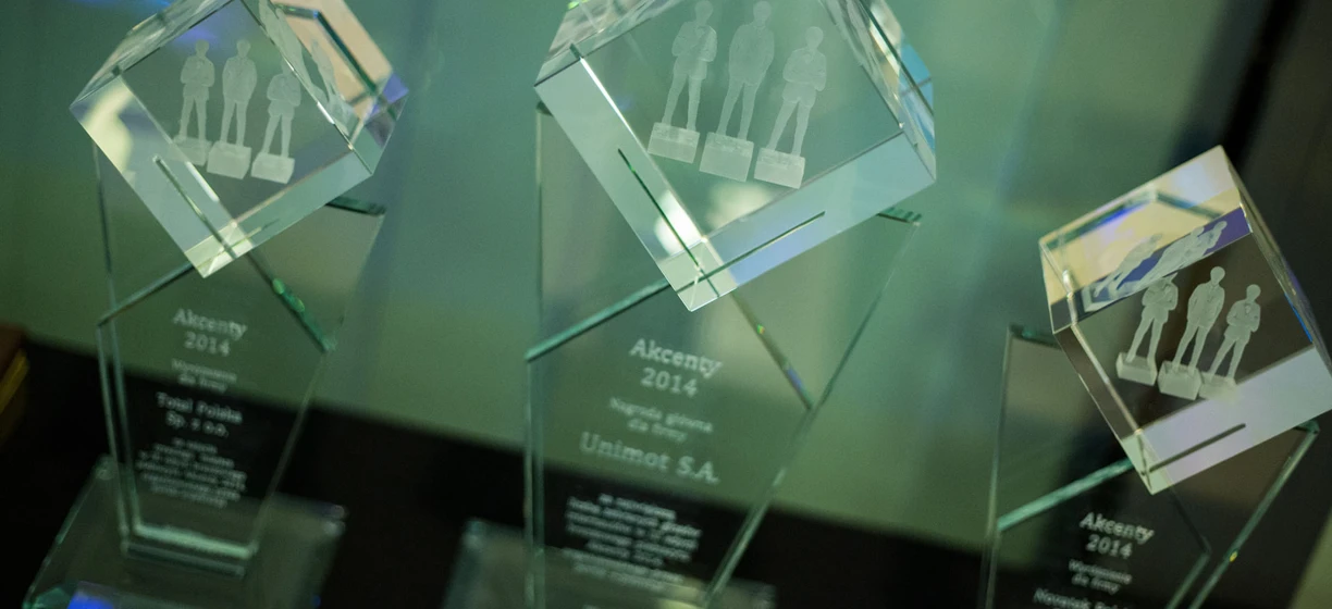Silver trophy award displayed in a transparent case showcasing its design made of natural materials. Winner of the 2014 Akcenty award from the company Unimot S.A.