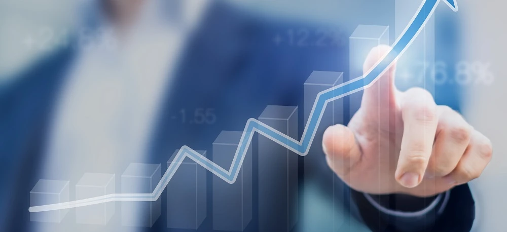 A diagram showing a businessperson analyzing data with a growth rate of 76.8%. Management decisions are being made based on the -1.55 change in figures.