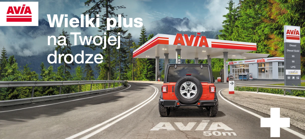 Reklama w języku polskim dla paliw AVIA. Wybierz spośród opcji Diesel, Diesel Gold, 95, 98, LPG oraz Fat&Go. Zachowaj płynną pracę silnika dzięki AVIA.