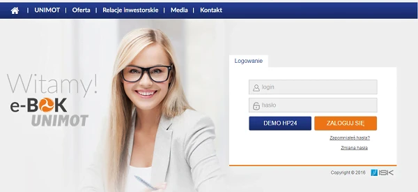 UNIMOT website home page featuring sections for Offer, Investor Relations, Media, and Contact. Login and password fields with a demo option and password reset. Contact info and copyright notice at the bottom.
