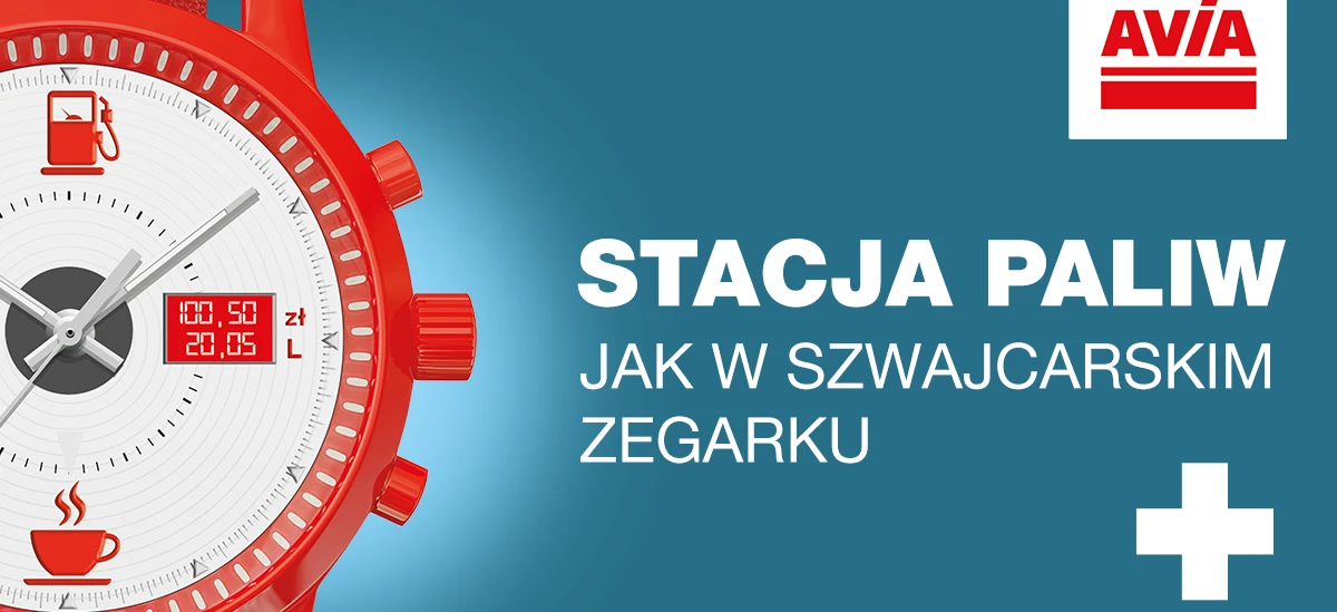 A red AVİA analog watch with symbolic clock hands displayed next to a price sign for fuel in Polish, resembling precision and Swiss quality.