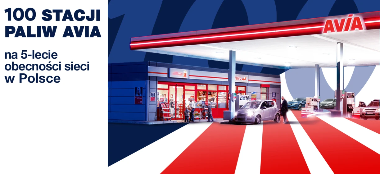 Image alt-text: "Celebrating 5 years of AVIA fuel stations in Poland with special logo and advertising for 100 locations. Sponsored by UNIMOT and Nove de Julho University."