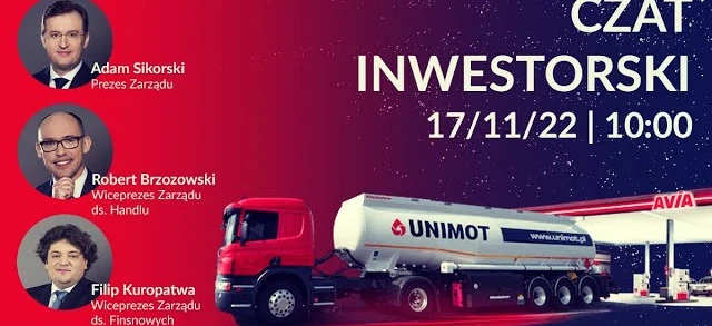 Tekst alternatywny obrazka: Logo pojazdu komercyjnego z Adamem Sikorskim jako Prezesem oraz Robertem Brzozowskim jako Wiceprezesem ds. Handlu w CZAT INWESTORSKI w dniu 17/11/22. W obrazku również widoczne są firmy UNIMOT i AVIA.