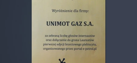 Docenienie UNIMOT GAZ S.A. za ich osiągnięcie w konkursie Akcenty Font Text 2012 organizowanym przez e-petrol.pl. #IMInformation #2012Winner #PolishIndustryAward