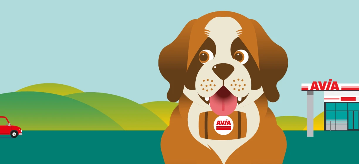 A graphic design featuring a carnivorous dog with a logo for AVIA advertising. Canidae snout in clip art style. Polish language title: "Hard limit" for SEO.