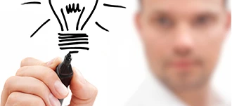 A businessperson happily holding a light bulb, symbolizing innovation in a modern office setting. Gesture of success in a polished workspace.