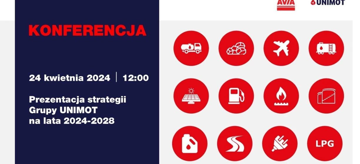 Zrzut ekranu czerwonego projektu graficznego z napisem "KONFERENCJA" i szczegółami wydarzenia po polsku. Strategia prezentacji dla Grupy UNIMOT od 2024 do 2028 roku.