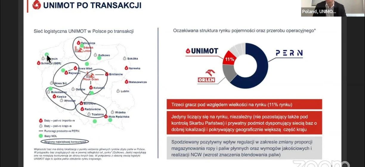 Zrzut ekranu strony internetowej z polskim tekstem "UNIMOT PO TRANSAKCJI" w pogrubionej czcionce. Sieć logistyczna UNIMOT w Polsce po transakcji. Powiększona mapa z lokalizacjami takimi jak Gdańsk, Lublin, Wrocław i więcej.