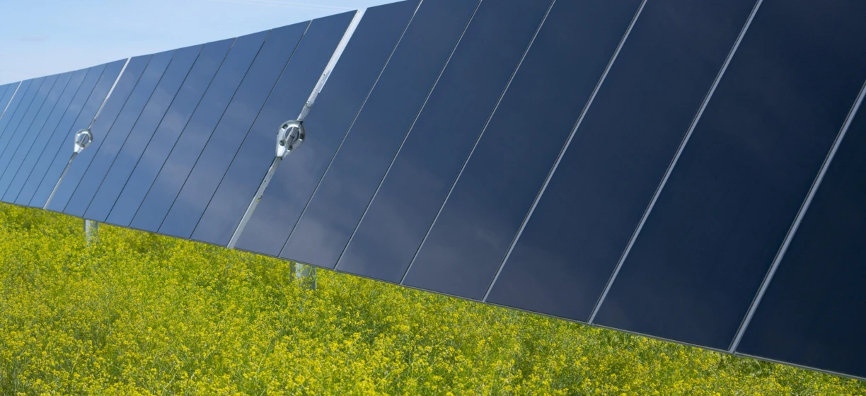 A solar panel array absorbing sunlight to generate clean energy. Advanced solar technology harnessing power from the sun and wind.