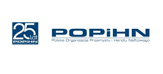 A graphic design featuring the logo of POPIHN, a Polish organization related to the oil and industry trade, with emphasis on graphics and design. 25 in bold lettering.