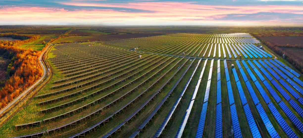 Widok z lotu ptaka na nasłonecznione pole uprawne z panelami fotowoltaicznymi, demonstrujący zrównoważone źródło energii dla plantacji. Poprawiając wzrost plonów, jednocześnie wykorzystując energię słoneczną do zasilania gospodarstwa.