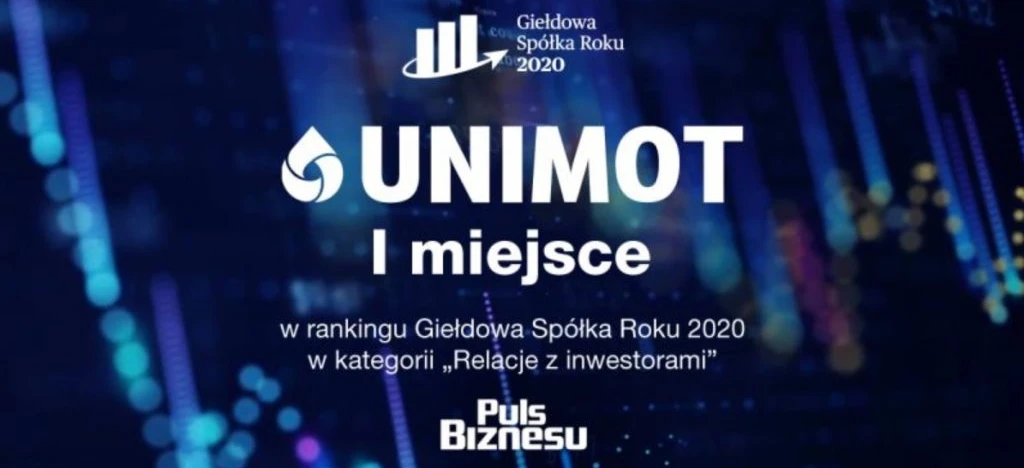 Logo i grafiki dla nagradzanej firmy UNIMOT, która zajęła 1. miejsce w kategorii "Relacje inwestorskie" na konkursie Spółka Roku 2020. 41.82 USD, Puls Biznesu.