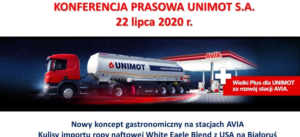 Konferencja prasowa UNIMOT S.A. 22 lipca 2020 r., zapowiadająca nową koncepcję gastronomiczną na stacjach AVIA oraz import oleju White Eagle Blend z USA do Białorusi. Pojazd dostawczy i ciężarowy do transportu towarów.