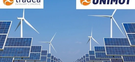 Nowoczesna turbina wiatrowa generująca czystą energię na farmie wiatrowej. Zrównoważona technologia dostarczająca energię słoneczną. Zaangażowanie UNIMOT w energię odnawialną.