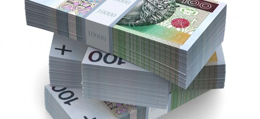 Image of Polish currency notes arranged in a triangle with various denominations including 100, 33, and 10000 złotych. Text reads "STO ZŁOTYCH" and "OOF" among others.