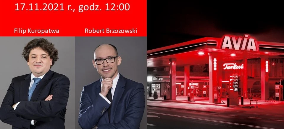 Dołącz do nas na czat dla inwestorów 17.11.2021 o godzinie 12:00 z Filipem Kuropatwą i Robertem Brzozowskim na stacji paliw AVIA. Z logo reklamowym.