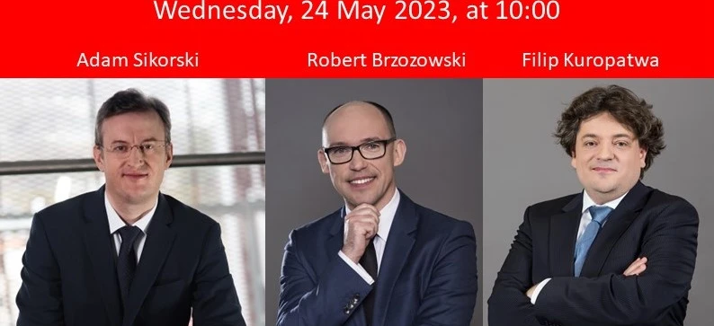 A white-collar worker in a suit and glasses with a smile attending a financial results chat. Join us on May 24, 2023, at 10:00 with Adam Sikorski, Robert Brzozowski, and Filip Kuropatwa.