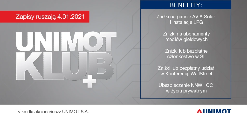 Alt-text: Graphic design advertising for UNIMOT Club benefits including discounts on AVIA Solar panels, LPG installations, stock media subscriptions, SII membership, WallStreet Conference participation, personal insurance, exclusively for UNIMOT S.A. shareholders. Registration starts 4.01.2021.