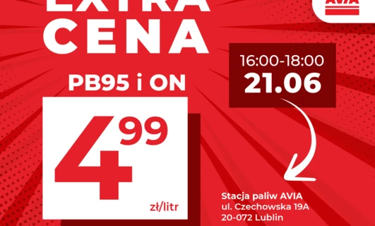 Promocja na paliwo na stacji paliw AVIA przy Czechowskiej 19A w Lublinie. Tylko 21.06.2024 od 16:00 do 18:00 dla paliwa PB95 i ON, maksymalnie 50 litrów na klienta. Oferta nie łączy się z innymi promocjami. Stacje franczyzowe mogą mieć własne ceny, nie wyższe niż podane.
