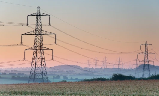 Wieża przesyłowa z liniami napowietrznymi w obszarze wiejskim, dostarczająca energię elektryczną poprzez sieć elektroenergetyczną. Podstawowa infrastruktura publicznej użyteczności.