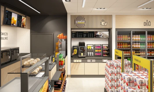 Projekt półek, na których prezentowane są świeże artykuły spożywcze, przekąski ze sklepów convenience oraz promocyjne produkty kawy i herbaty w supermarkecie. Słowa kluczowe: ANNEES, ŚWIEŻO, RALNIE, Fat&Go, COFFEE & TEA.