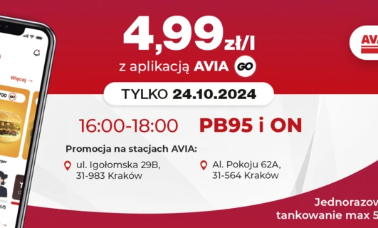 Zrzut ekranu z promocją na cheeseburgera na stacjach benzynowych AVIA w Krakowie. Specjalna cena 4,99 zł/1 przy użyciu aplikacji AVIA GO dnia 24.10.2024 od 16:00 do 18:00. Oferta ograniczona czasowo, nie przegap!