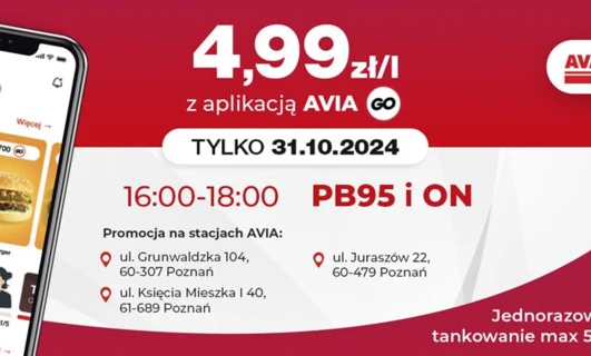 Promocja: Cheeseburger! Kup teraz za jedyne 4.99 zł/l dzięki aplikacji AVIA GO. Oferta ważna w wybranych stacjach AVIA w Poznaniu. Pośpiesz się, promocja kończy się 31.10.2024.