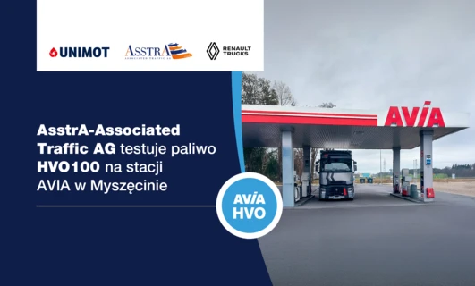 AsstrA-Associated Traffic AG testuje paliwo HVO100 na stacji AVIA w Myszęcinie. Renault Trucks współpracuje z UNIMOT ASSTRA w celu zrównoważonej reklamy.