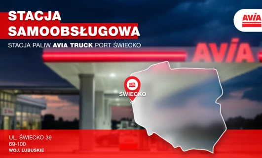 Self-service fuel station advertising Avia Truck Port in Świecko, Lubusz Voivodeship. Commercial vehicles filling up on the highway.