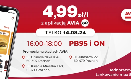 Promocja na stacjach AVIA: Cheeseburger za 4,99zł z aplikacją AVIA GO. Oferta ograniczona w czasie tylko 14.08.24 od godz. 16:00 do 18:00.