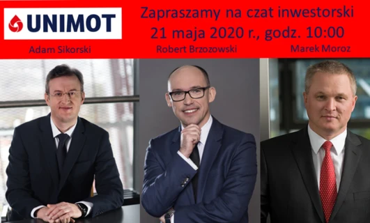 Biznesmeni w strojach formalnych biorą udział w czacie inwestorów online, organizowanym przez UNIMOT. Dołącz do Adama Sikorskiego i Roberta Brzozowskiego 21 maja o godzinie 10:00, aby zdobyć cenne wskazówki.