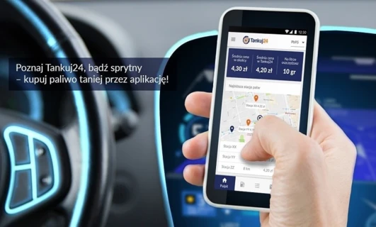 Image alt text: Electronic device displaying information about fuel prices and nearby gas stations, promoting the Tankuj24 app for smarter fuel purchasing. Save money with Pb95 at 4.20 zł per liter.
