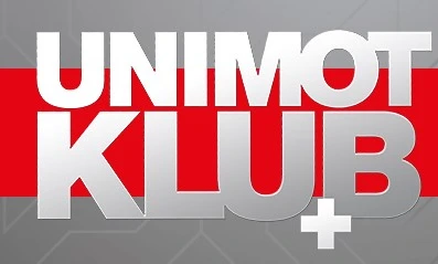 Logo dla reklamy UNIMOT KLUB z wyrazistą grafiką i elementami graficznego projektowania.