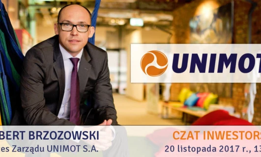 Alt-text: Banner advertising featuring UNIMOT CEO Robert Brzozowski in a business suit, promoting an upcoming investor chat event.