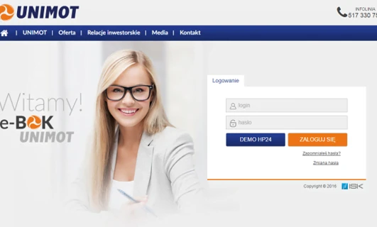 UNIMOT website home page featuring sections for Offer, Investor Relations, Media, and Contact. Login and password fields with a demo option and password reset. Contact info and copyright notice at the bottom.