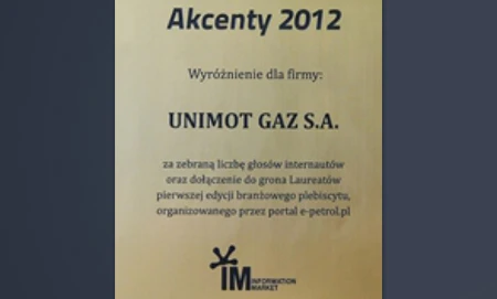Docenienie UNIMOT GAZ S.A. za ich osiągnięcie w konkursie Akcenty Font Text 2012 organizowanym przez e-petrol.pl. #IMInformation #2012Winner #PolishIndustryAward