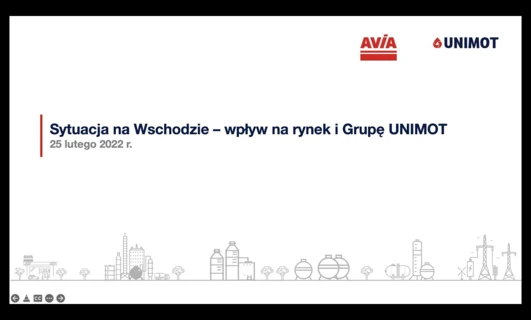 Tekst alternatywny obrazu: Loga AVIA i UNIMOT z tekstem omawiającym wpływ sytuacji na wschodzie na rynek i Grupę UNIMOT w dniu 25 lutego 2022 roku.