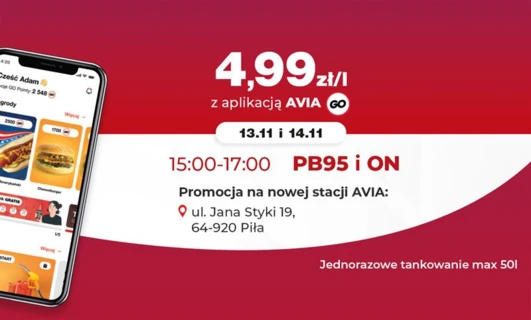 Reklama promująca aplikację AVIA GO: Zatankuj za 20:20 i odbierz darmowy prezent na naszej nowej stacji w Pile. Oferta ograniczona czasowo, nie przegap! #AVIAGO #Piła #Promocja.