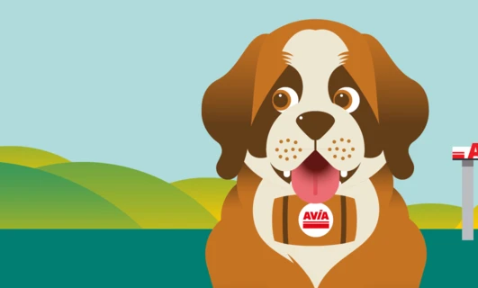 A graphic design featuring a carnivorous dog with a logo for AVIA advertising. Canidae snout in clip art style. Polish language title: "Hard limit" for SEO.